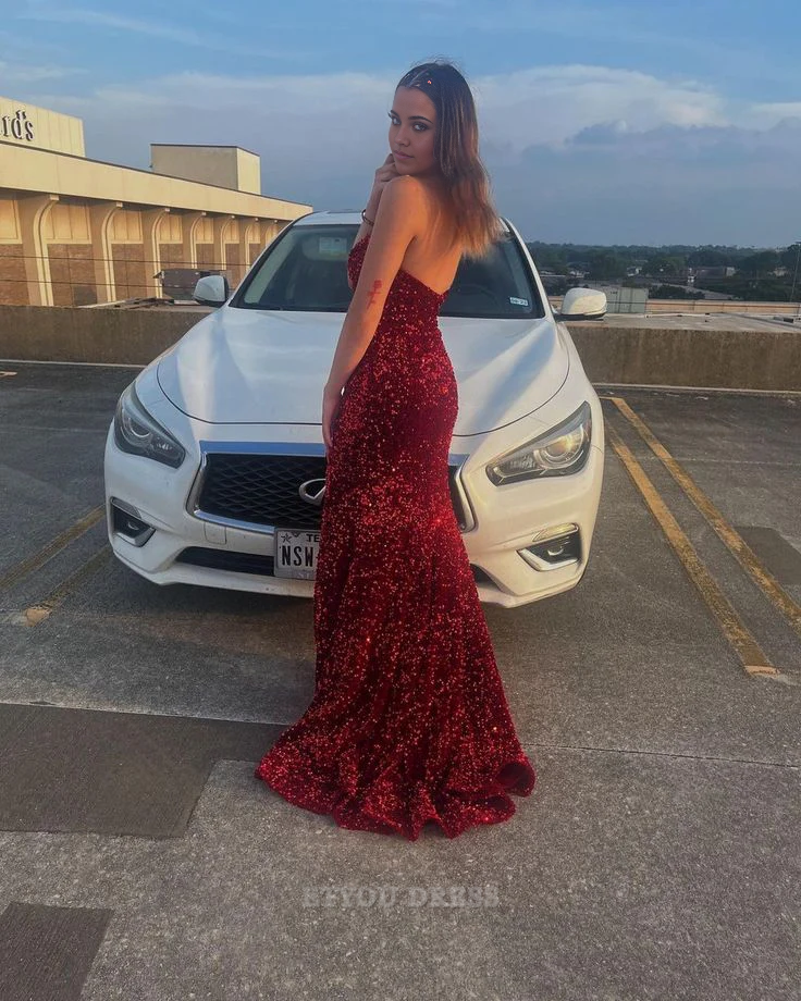 Mermaid Sparkly Strapless Sequin Red formal dresses Bridesmaid Dresses evening gown Prom Dress